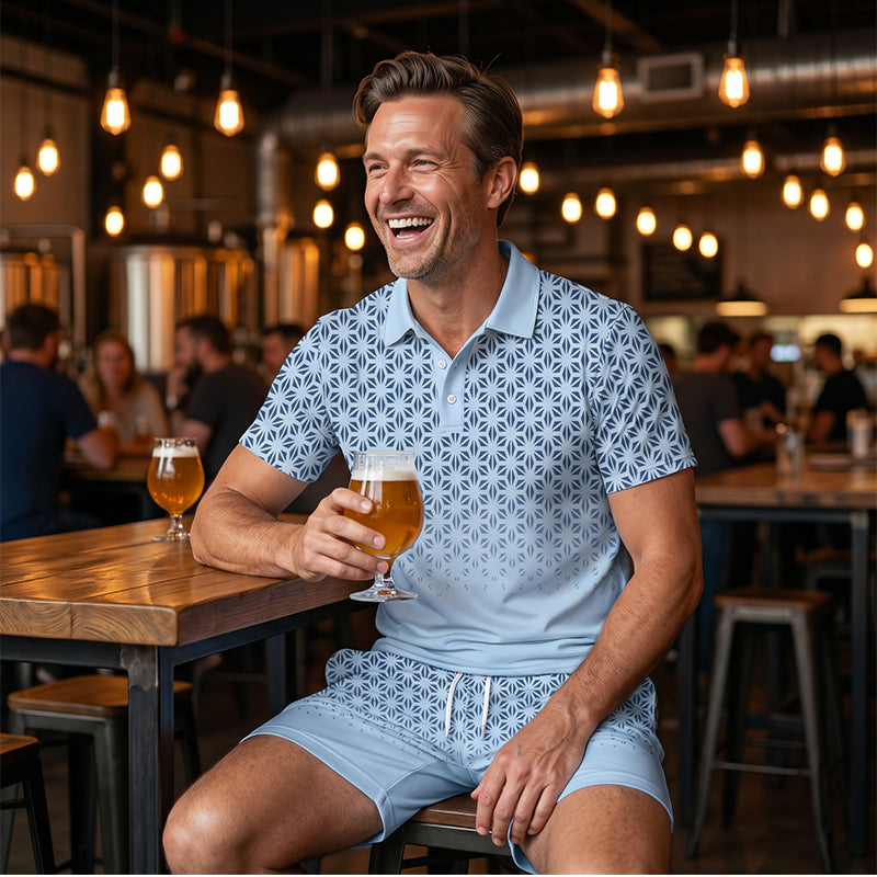 Men's Geometric Print Collared Top & Shorts Set