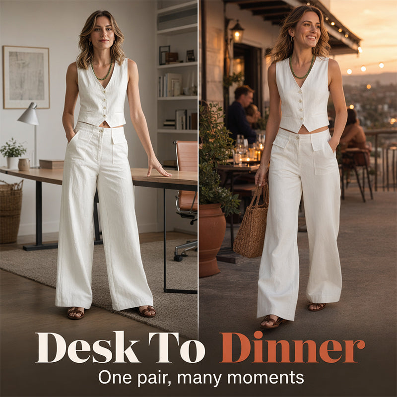 Pantalon décontracté ample en coton et lin pour femme
