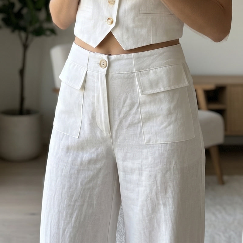 Pantalon décontracté ample en coton et lin pour femme