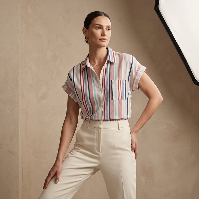 Women's Striped Short-Sleeve Button Down Shirt