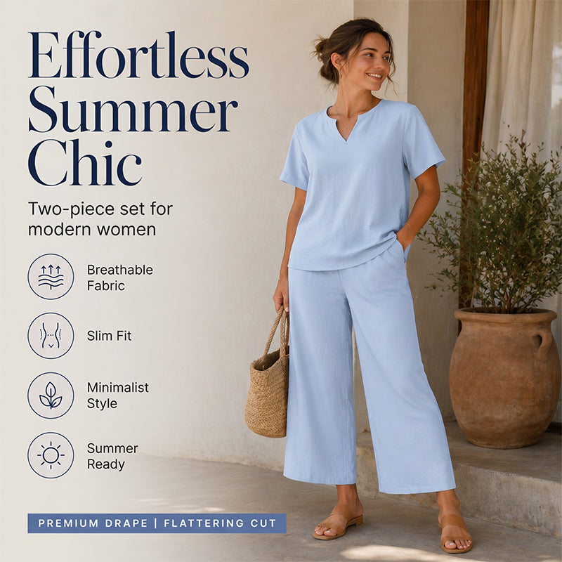 Completo da donna con top con scollo a V e pantaloni a gamba larga