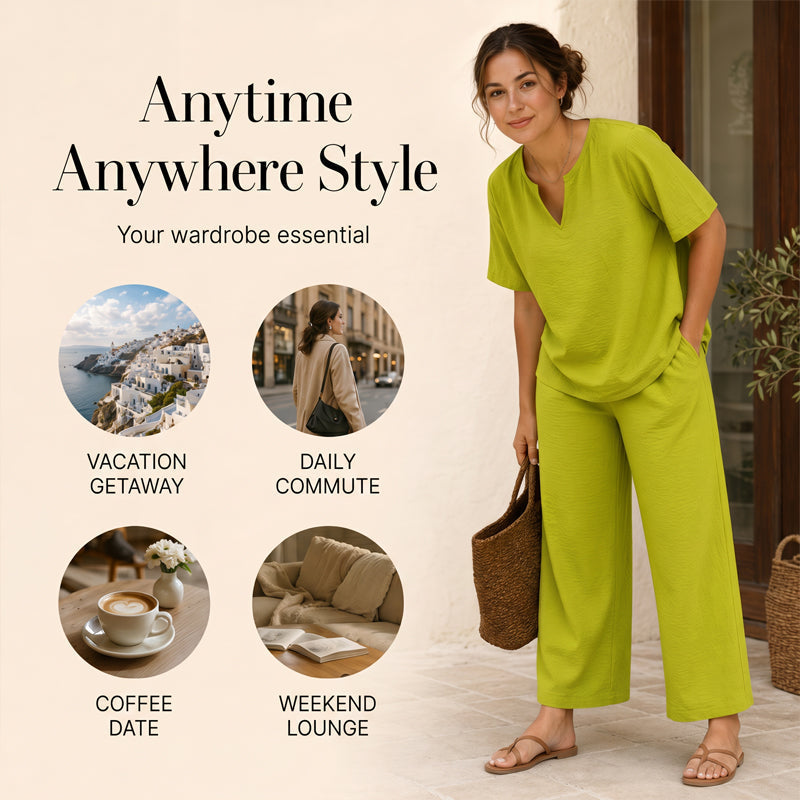 Completo da donna con top con scollo a V e pantaloni a gamba larga