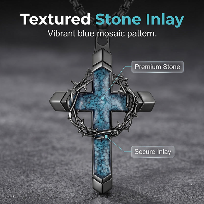 Colgante de cruz llamativo - corona de espinas, incrustación de piedra azul y borde vintage