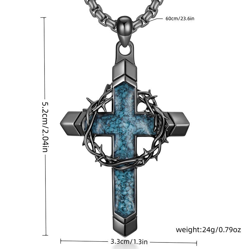 Colgante de cruz llamativo - corona de espinas, incrustación de piedra azul y borde vintage