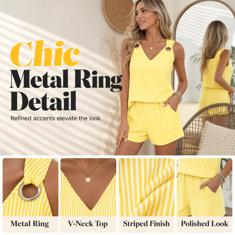 Women Summer Striped Sleeveless Vest Set