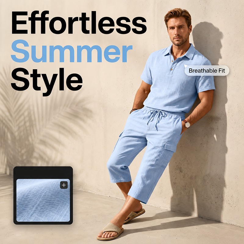 Completo estivo da uomo in lino con camicia ampia e pantaloncini cargo, composto da due pezzi