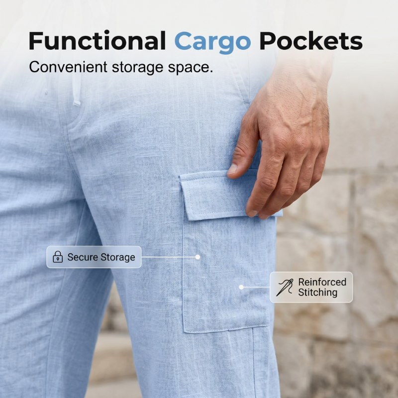 Completo estivo da uomo in lino con camicia ampia e pantaloncini cargo, composto da due pezzi