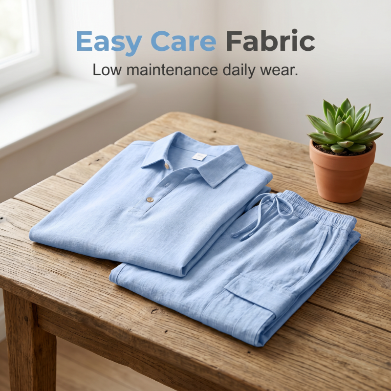 Completo estivo da uomo in lino con camicia ampia e pantaloncini cargo, composto da due pezzi