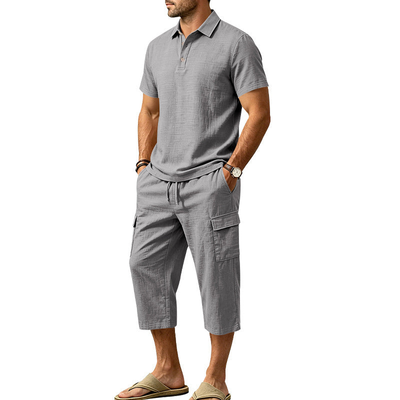 Men Summer Linen Set Loose Shirt and Cargo Shorts Two Piece Outfit