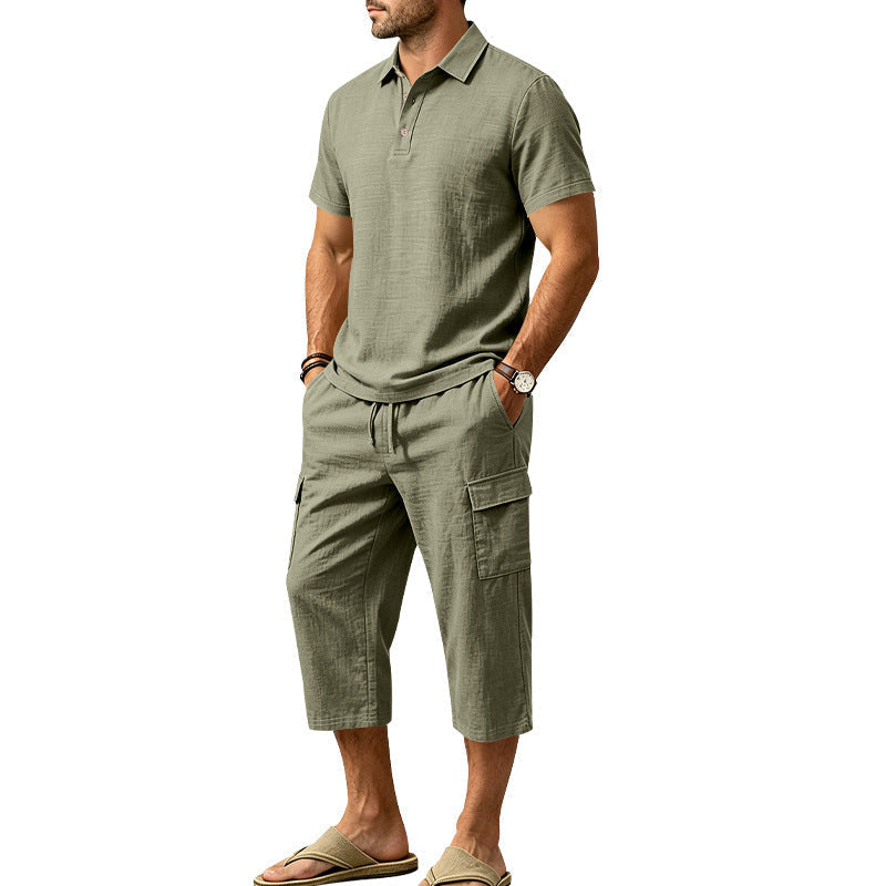 Men Summer Linen Set Loose Shirt and Cargo Shorts Two Piece Outfit