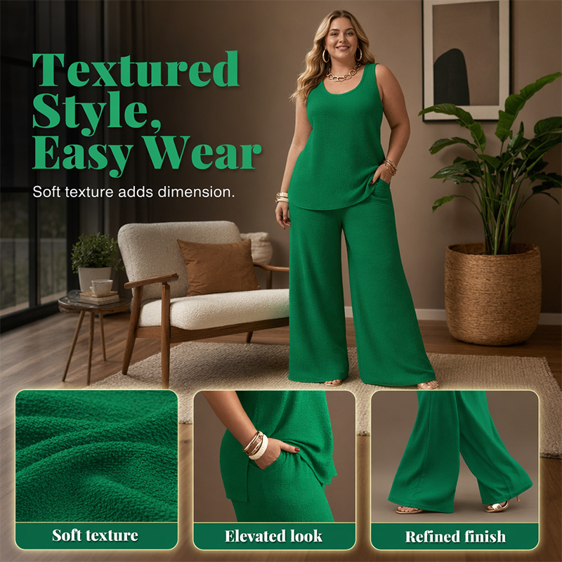 Dames plus-size set met structuurhemdje en broek met relaxte pasvorm