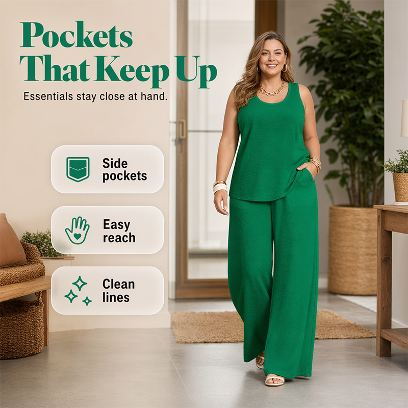 Dames plus-size set met structuurhemdje en broek met relaxte pasvorm