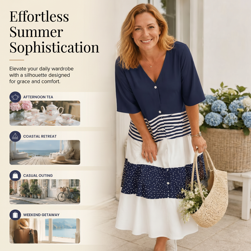 Lange zomerjurk voor dames met V-hals en knoopsluiting