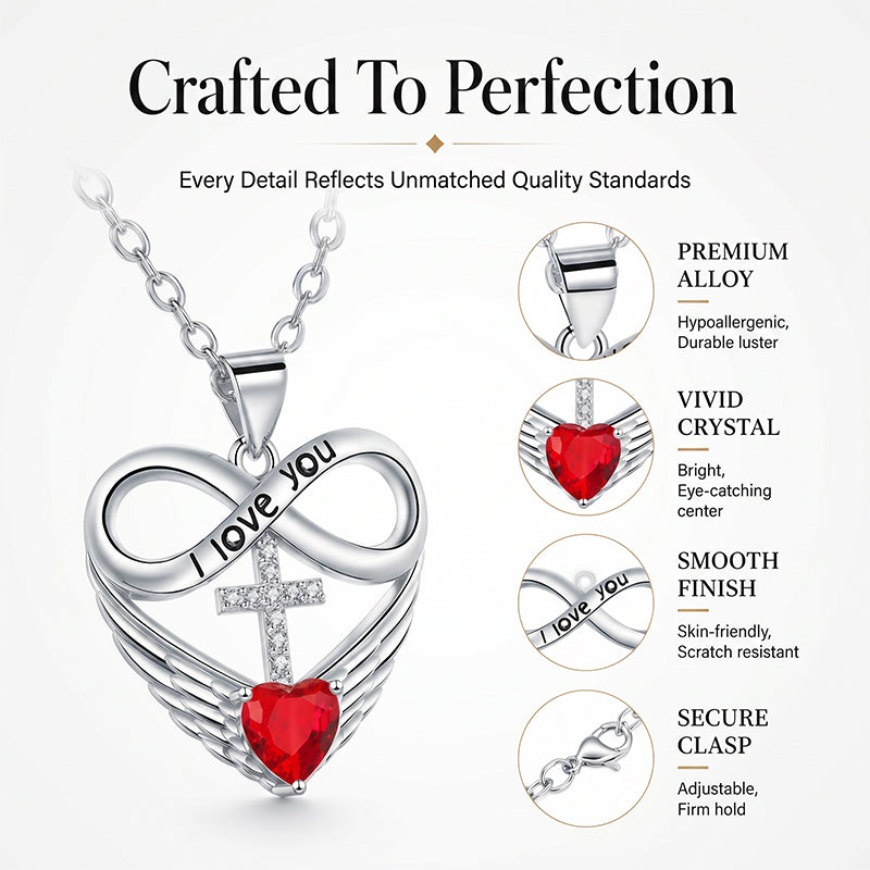Collar de cruz y corazón infinito con colgante de ala ¨C Fe y amor eterno
