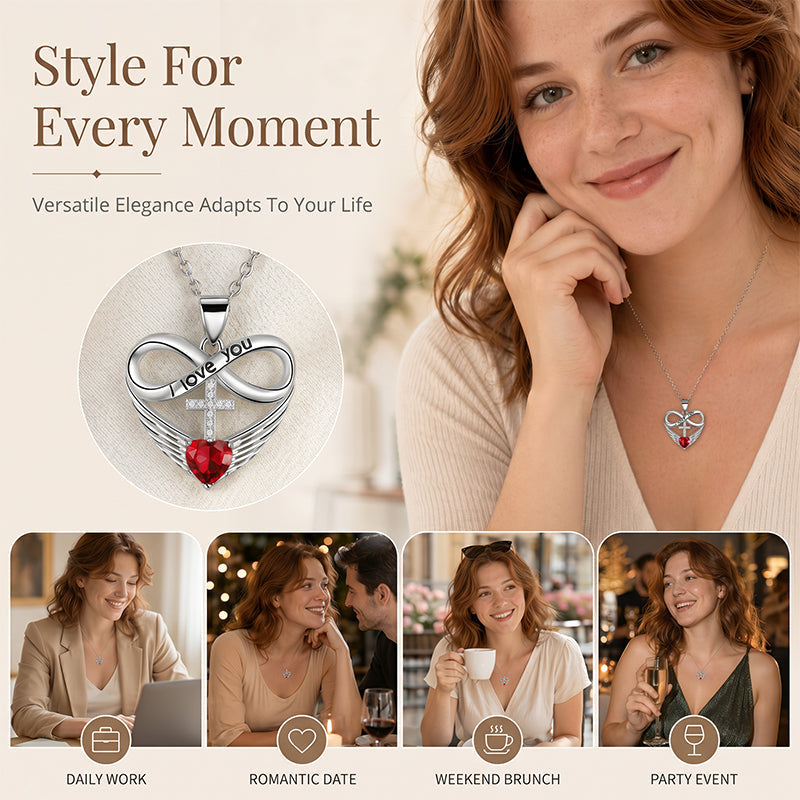 Collar de cruz y corazón infinito con colgante de ala ¨C Fe y amor eterno