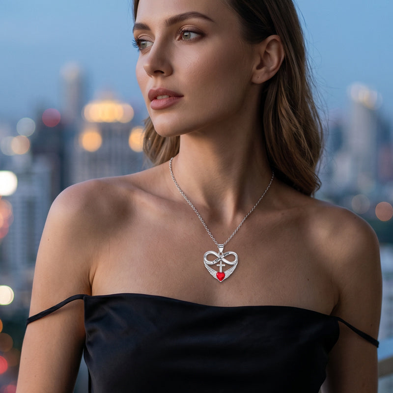 Collar de cruz y corazón infinito con colgante de ala ¨C Fe y amor eterno