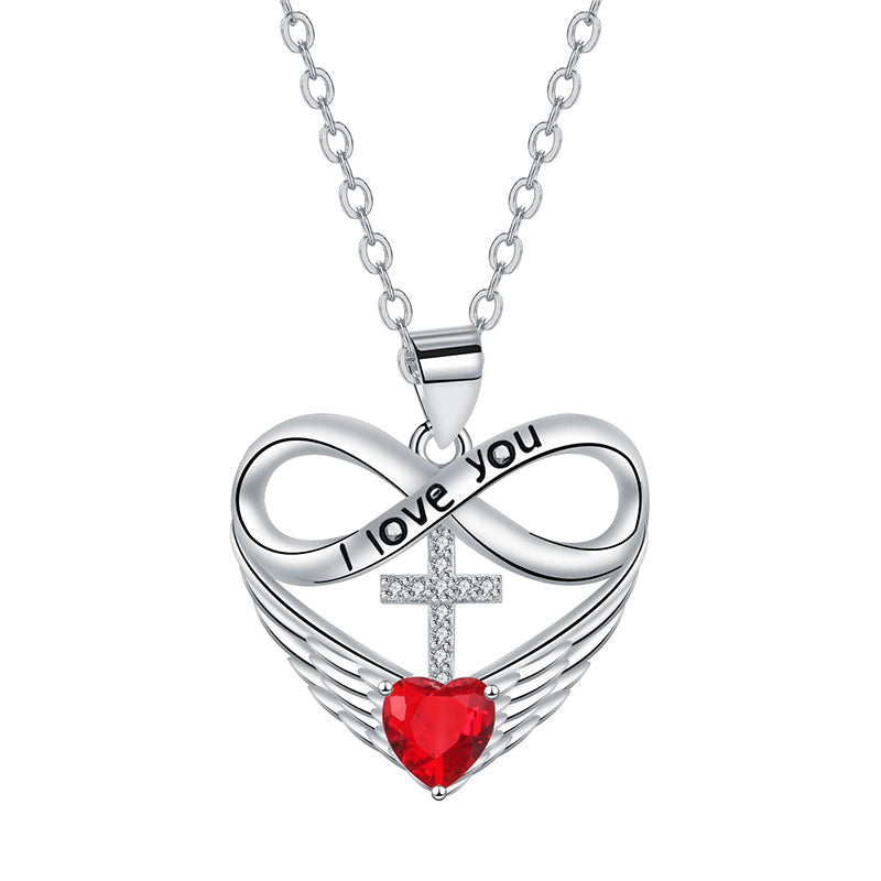 Collar de cruz y corazón infinito con colgante de ala ¨C Fe y amor eterno