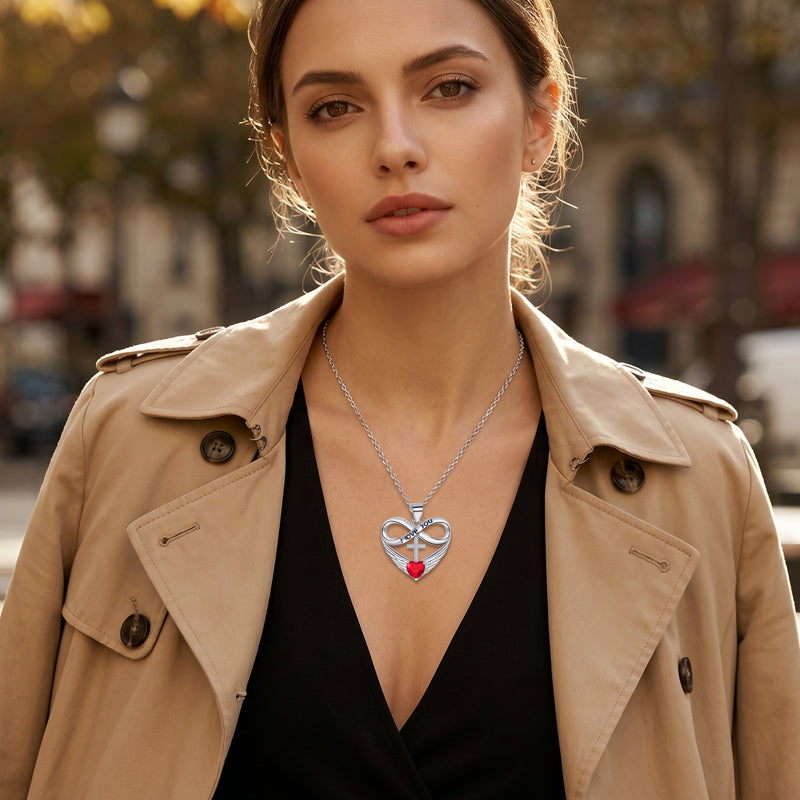 Collar de cruz y corazón infinito con colgante de ala ¨C Fe y amor eterno