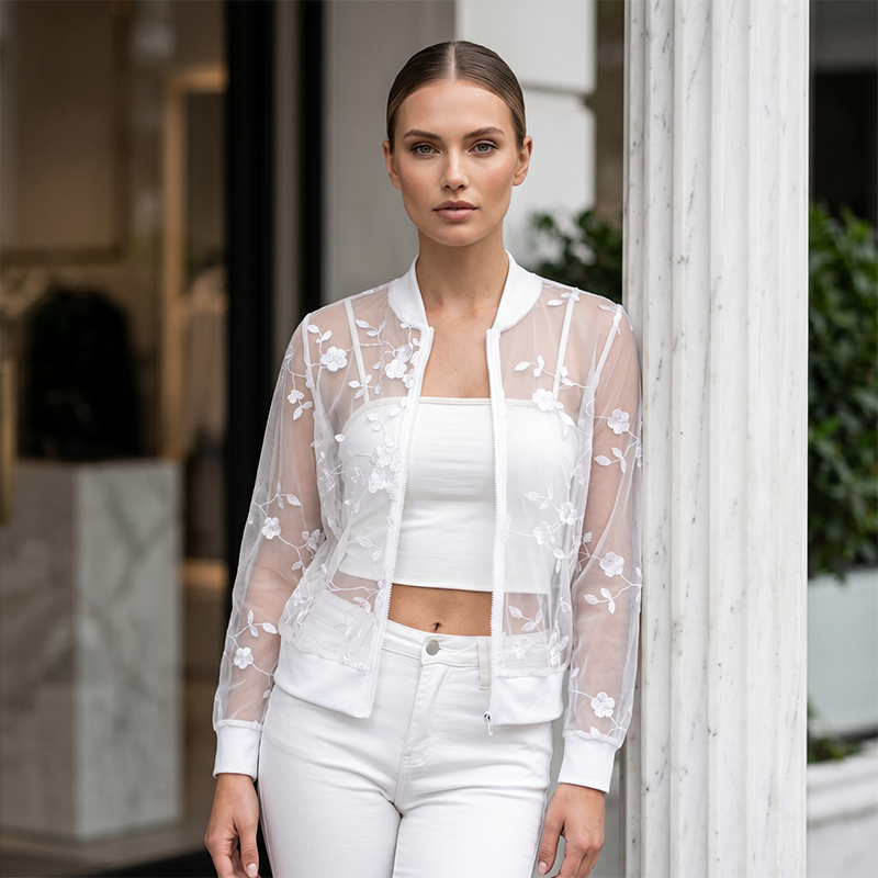 Doorschijnend zomers meshjack met bloemenprint voor dames