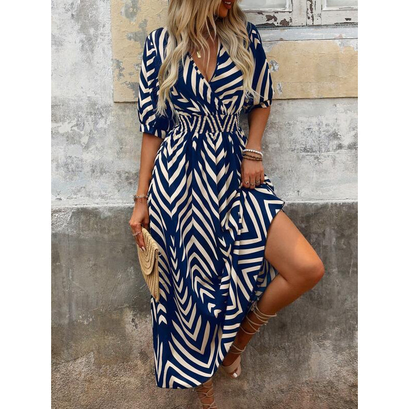 Midi-jurk met chevronprint, V-hals en pofmouwen