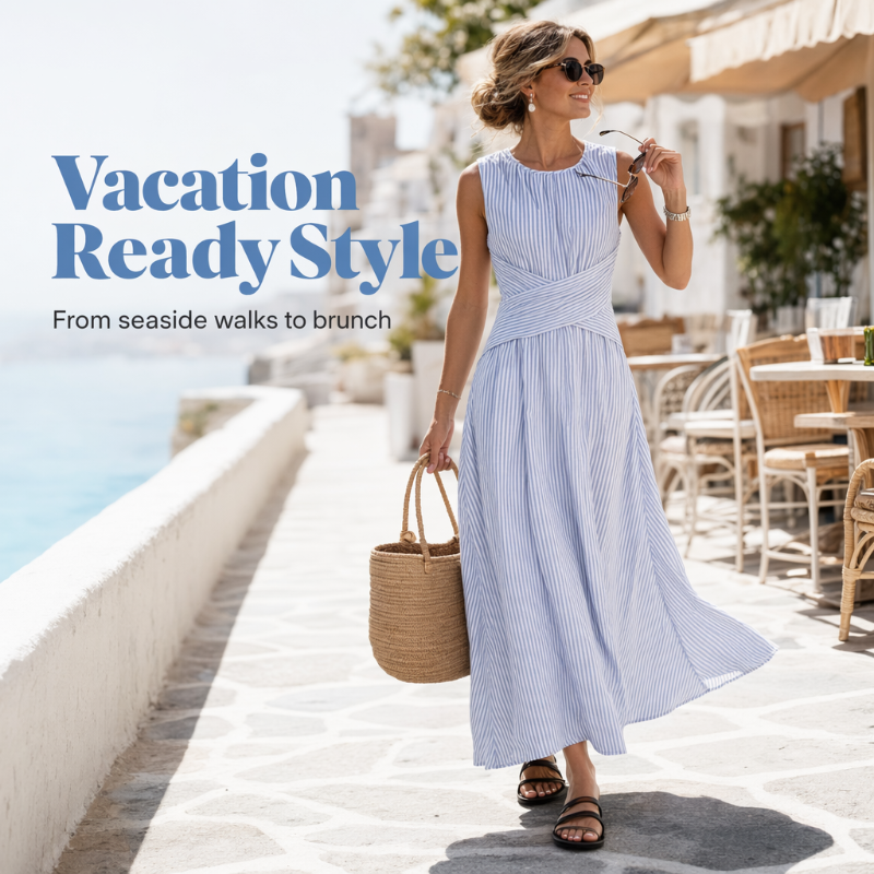 Women Casual Striped Maxi Dress Sleeveless