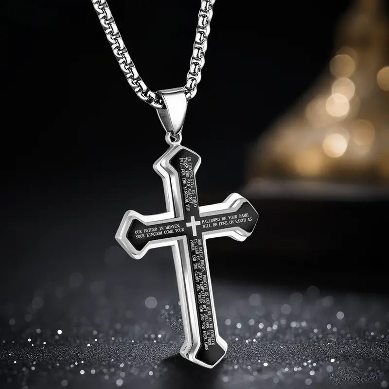 Collier croix avec prière du Seigneur pour homme