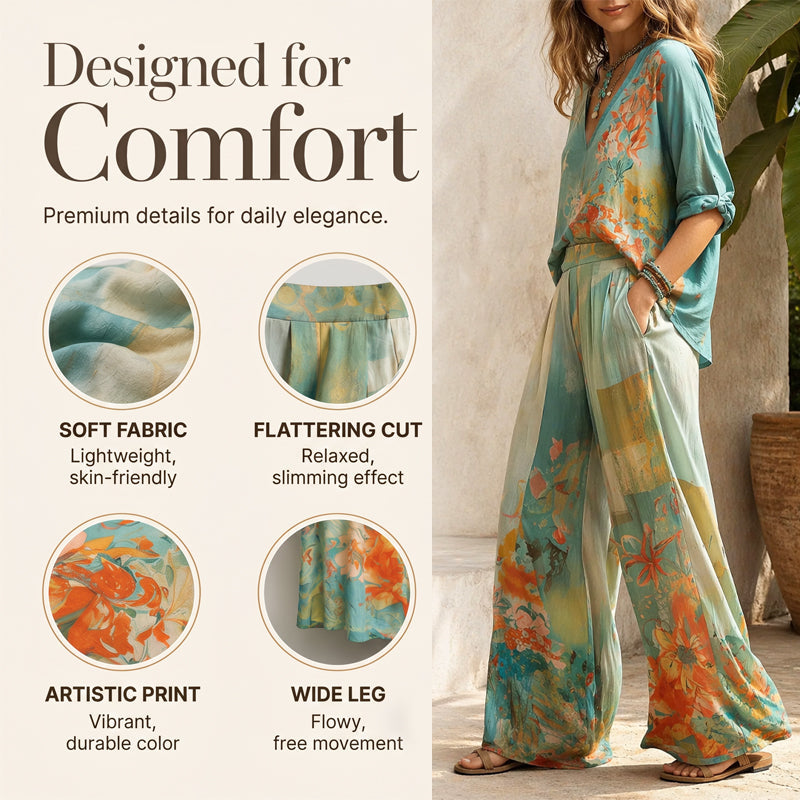 Ensemble pour femme composé d'un haut à col en V et d'un pantalon jambes larges à imprimé artistique
