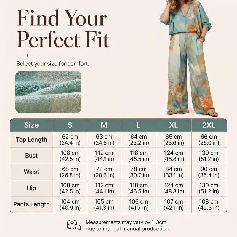 Ensemble pour femme composé d'un haut à col en V et d'un pantalon jambes larges à imprimé artistique