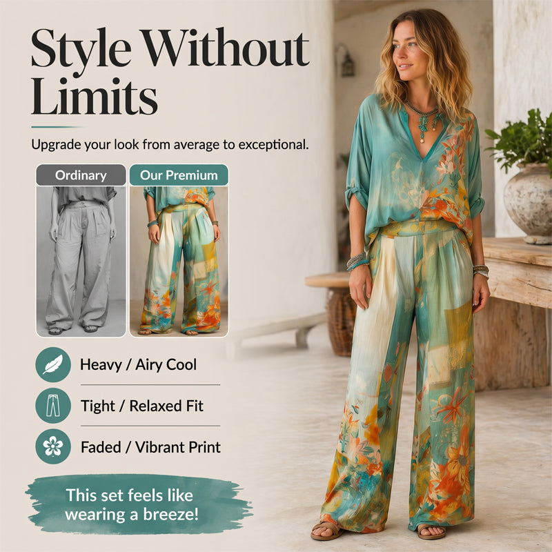 Ensemble pour femme composé d'un haut à col en V et d'un pantalon jambes larges à imprimé artistique