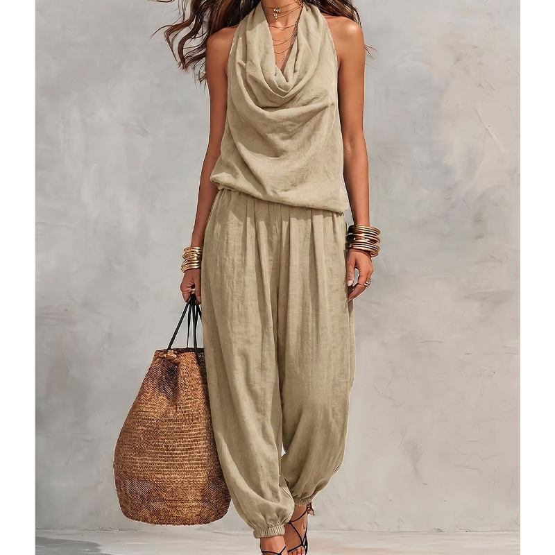 Mono elegante con cuello halter drapeado - silueta transpirable de pierna ancha y estilo elegante del día a la noche