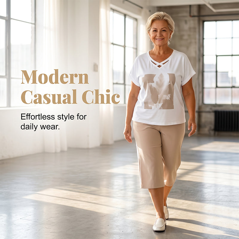 Casual 2-delige dames set met T-shirt met V-hals en 7/8-broek