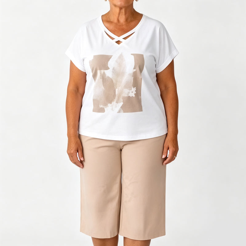 Casual 2-delige dames set met T-shirt met V-hals en 7/8-broek