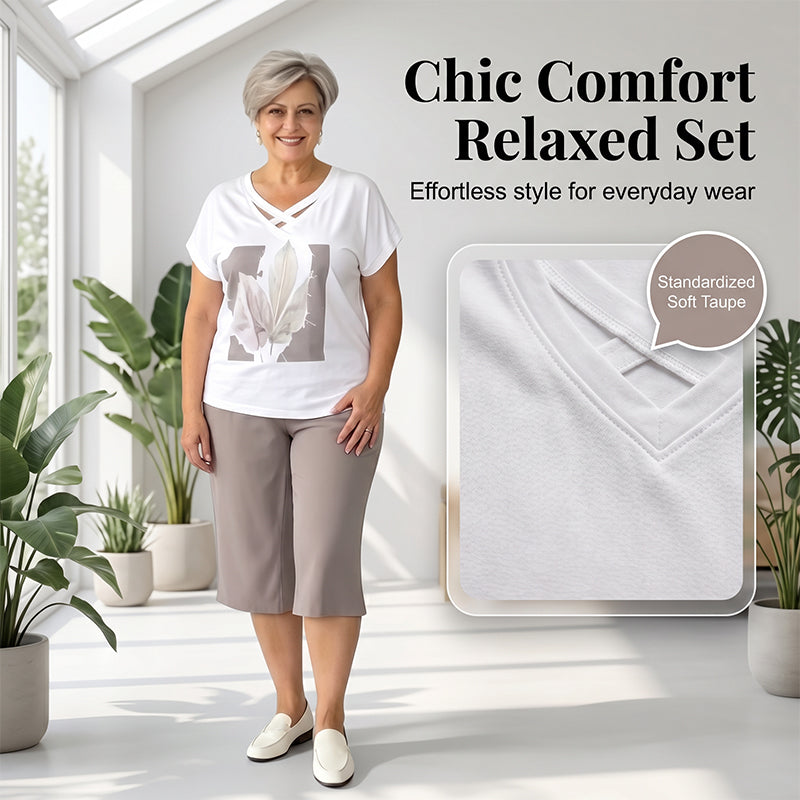 Casual 2-delige dames set met T-shirt met V-hals en 7/8-broek