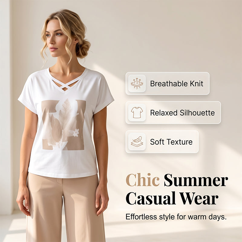 Casual 2-delige dames set met T-shirt met V-hals en 7/8-broek