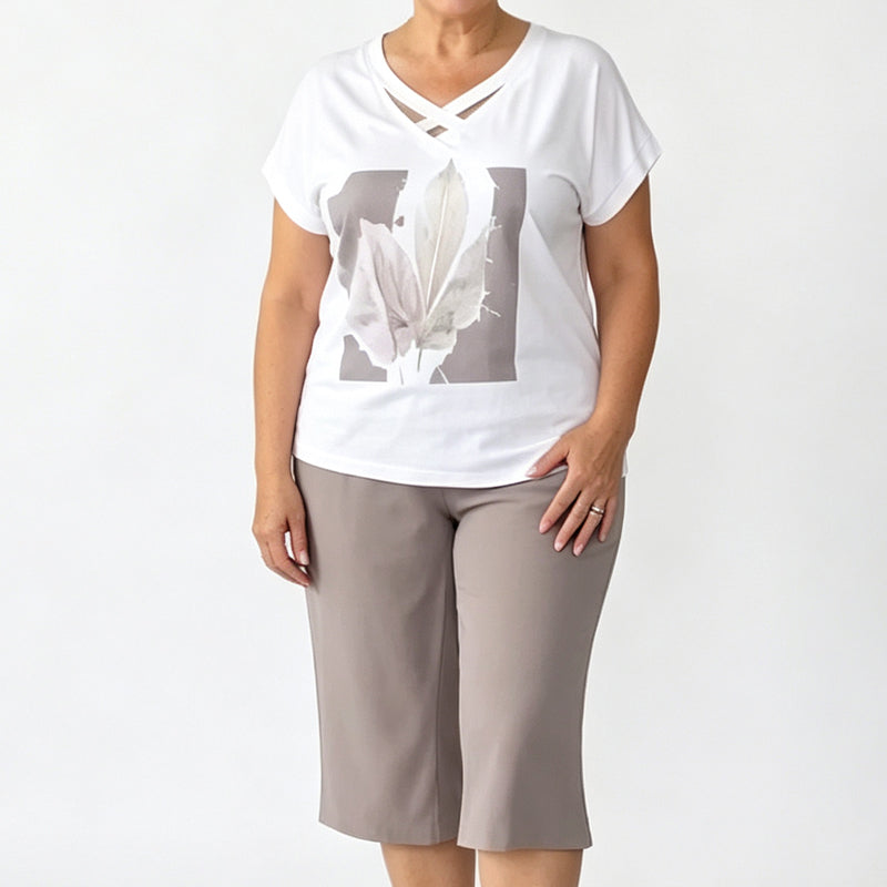 Casual 2-delige dames set met T-shirt met V-hals en 7/8-broek
