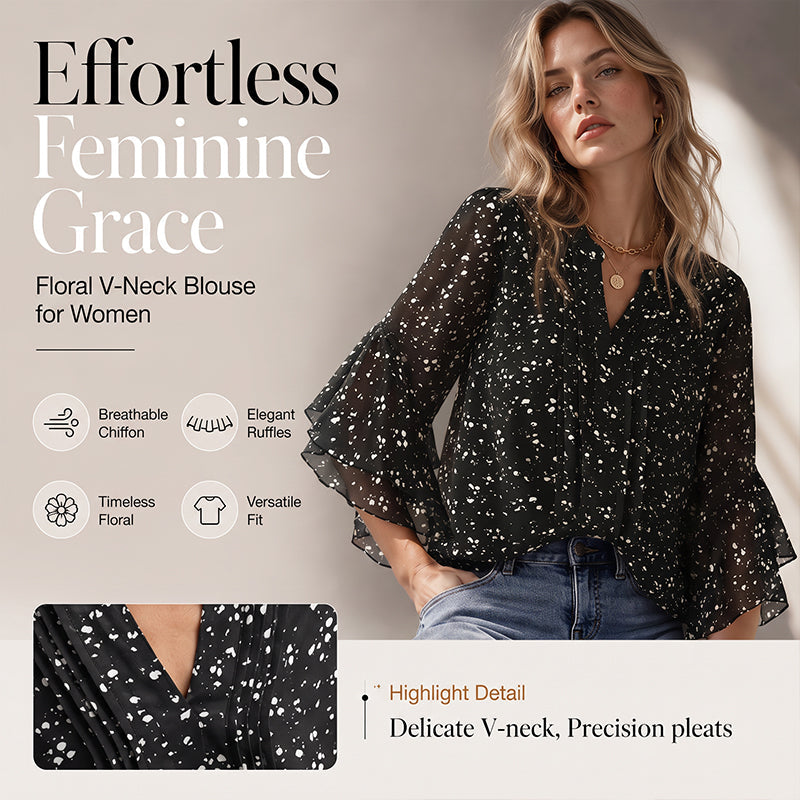 Dames top met bloemenprint, V-hals en 3/4-mouwen met ruches