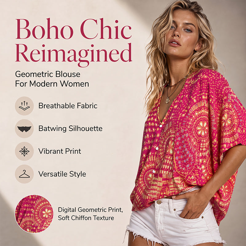 Top da donna con scollo a V, stampa boho e maniche a pipistrello