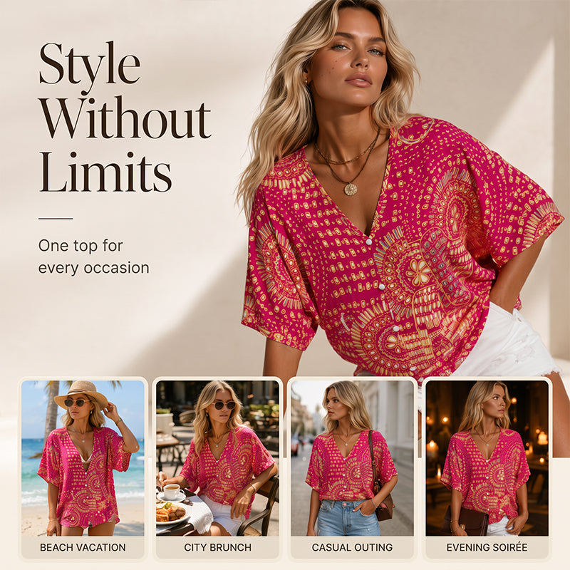 Top da donna con scollo a V, stampa boho e maniche a pipistrello