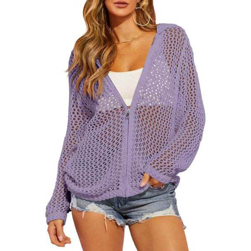2026 Women's Open-Knit Zip-Up Cardigan | Lightweight Hollow-Out Long Sleeve Sweater for Spring & Summer