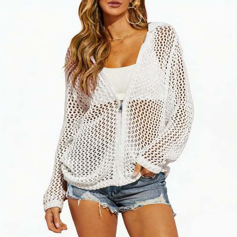 2026 Women's Open-Knit Zip-Up Cardigan | Lightweight Hollow-Out Long Sleeve Sweater for Spring & Summer
