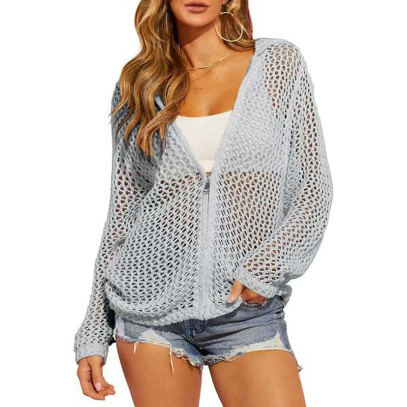 2026 Women's Open-Knit Zip-Up Cardigan | Lightweight Hollow-Out Long Sleeve Sweater for Spring & Summer