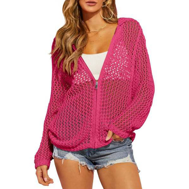 2026 Women's Open-Knit Zip-Up Cardigan | Lightweight Hollow-Out Long Sleeve Sweater for Spring & Summer