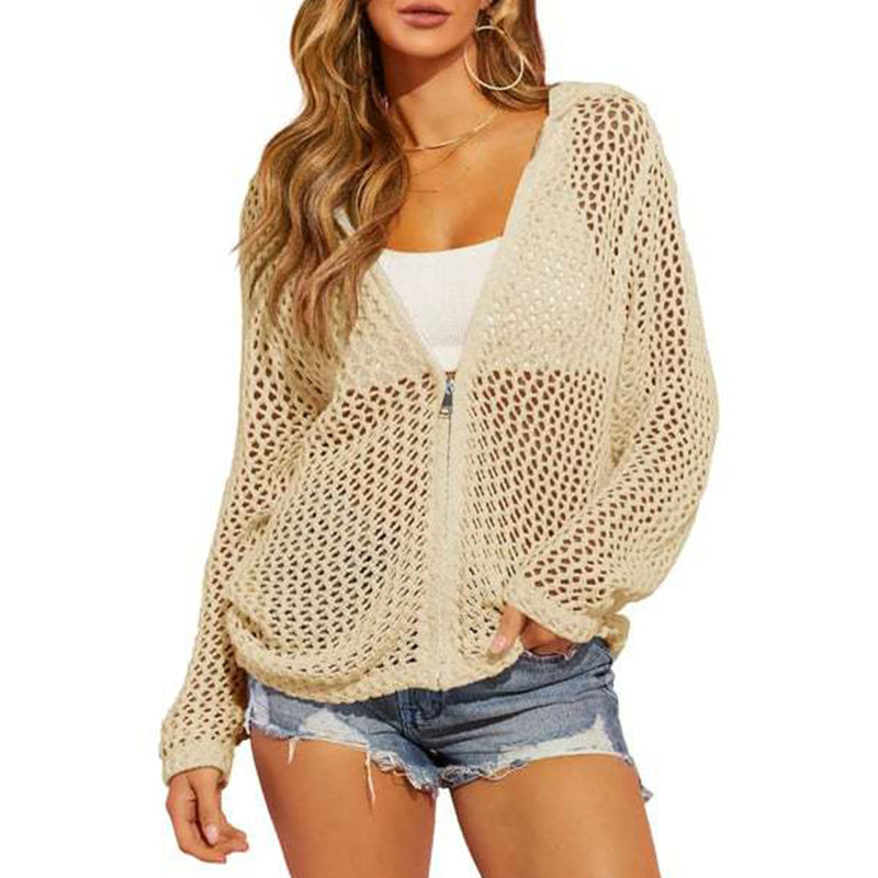 2026 Women's Open-Knit Zip-Up Cardigan | Lightweight Hollow-Out Long Sleeve Sweater for Spring & Summer