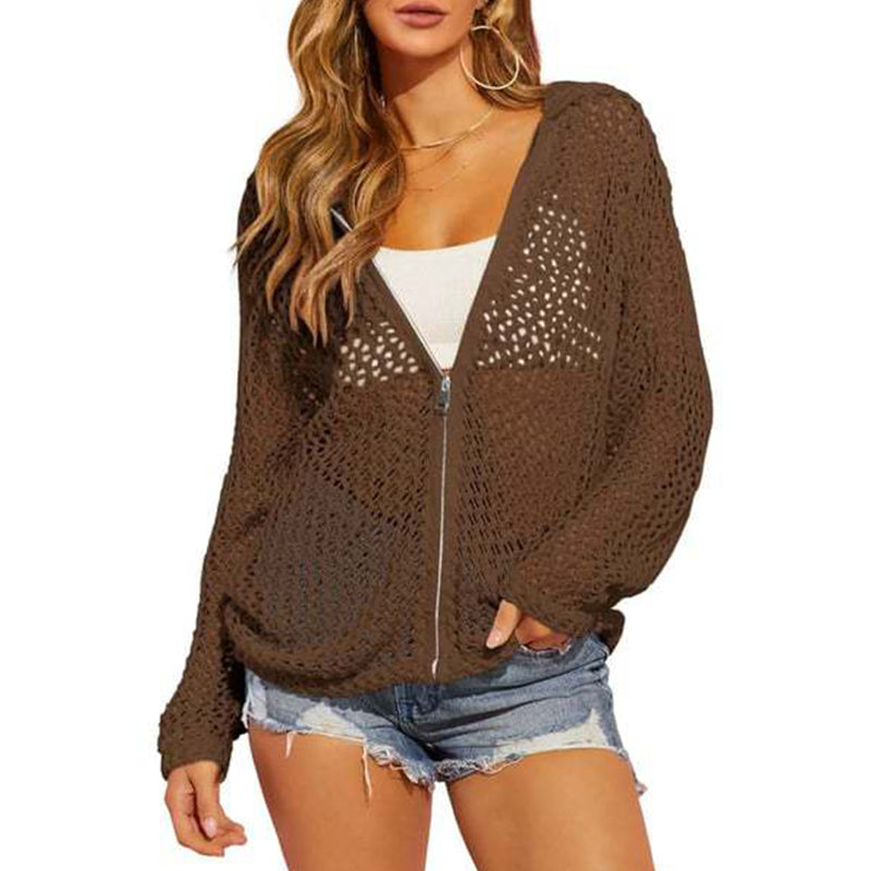 2026 Women's Open-Knit Zip-Up Cardigan | Lightweight Hollow-Out Long Sleeve Sweater for Spring & Summer