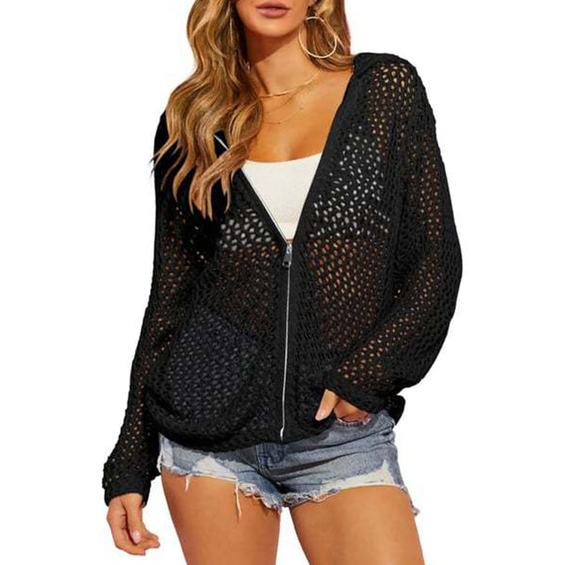 2026 Women's Open-Knit Zip-Up Cardigan | Lightweight Hollow-Out Long Sleeve Sweater for Spring & Summer
