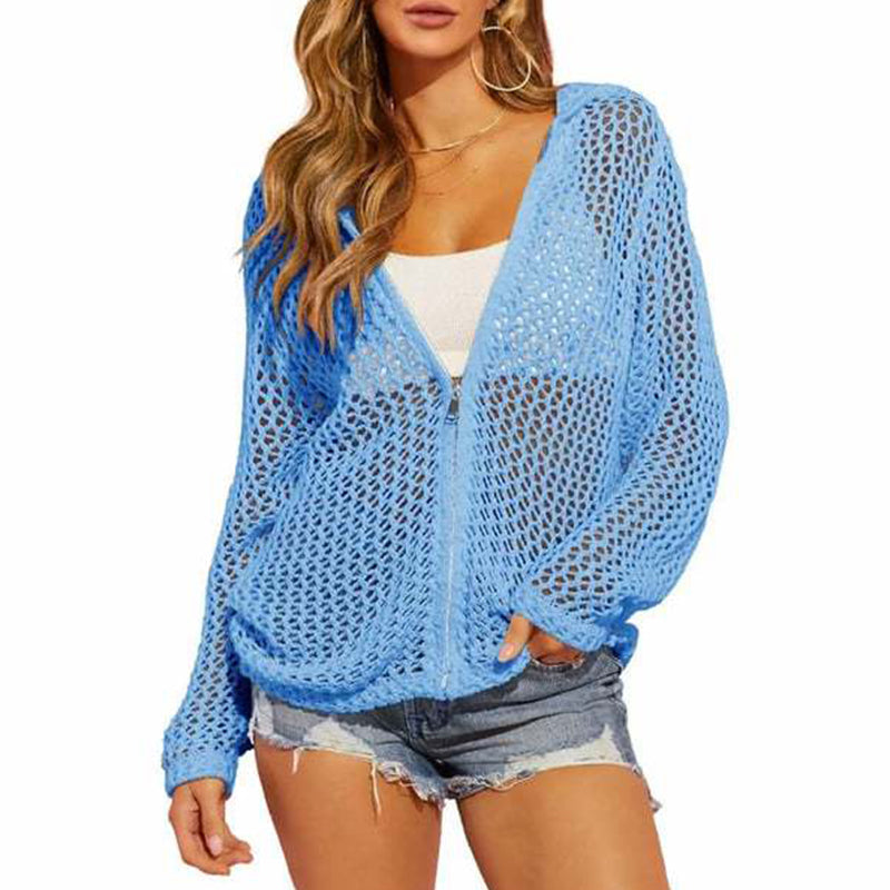 2026 Women's Open-Knit Zip-Up Cardigan | Lightweight Hollow-Out Long Sleeve Sweater for Spring & Summer