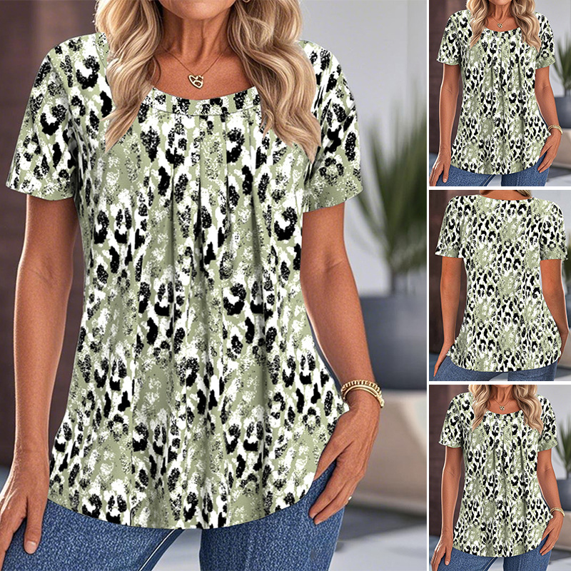 Top casual da donna stampato, con girocollo e maniche corte