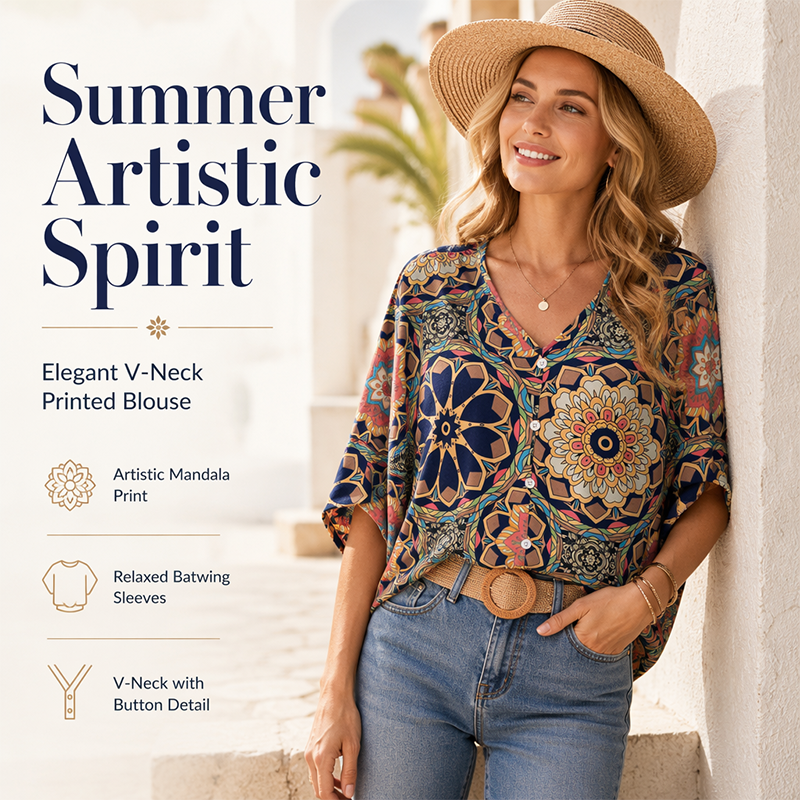Damesblouse met V-hals, bohemianprint en losse pasvorm voor de zomer
