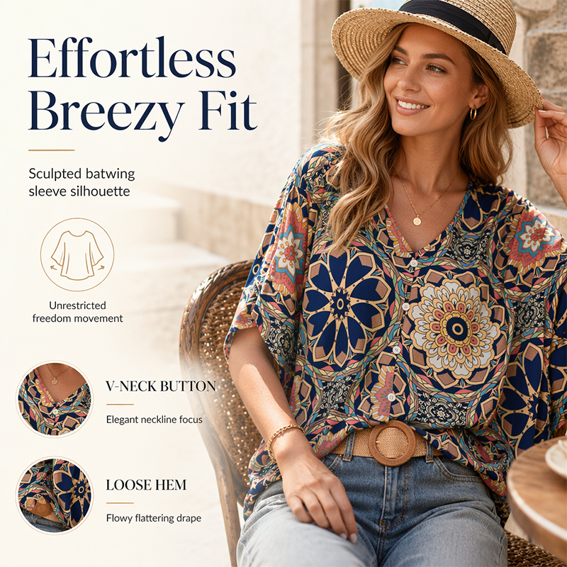 Damesblouse met V-hals, bohemianprint en losse pasvorm voor de zomer