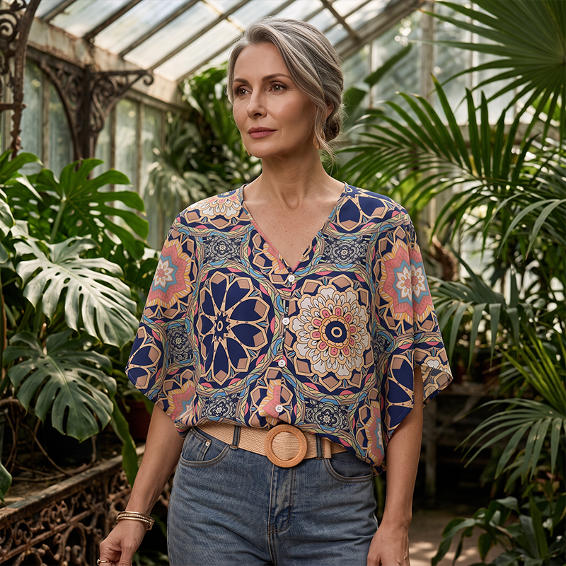 Damesblouse met V-hals, bohemianprint en losse pasvorm voor de zomer